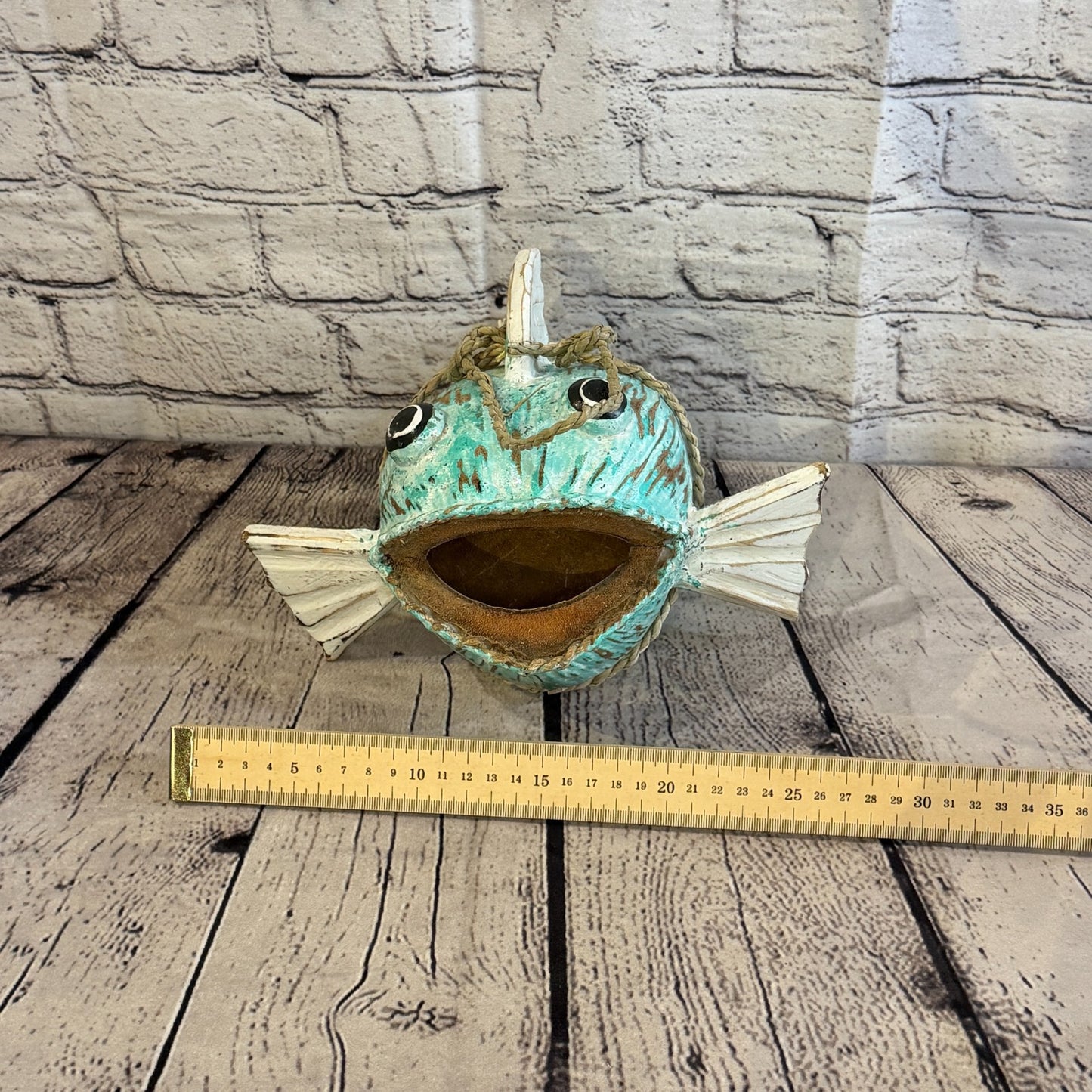 Green White Fins Folk Art Painted Shark Fish Coconut Shell Ornaments Hanging7