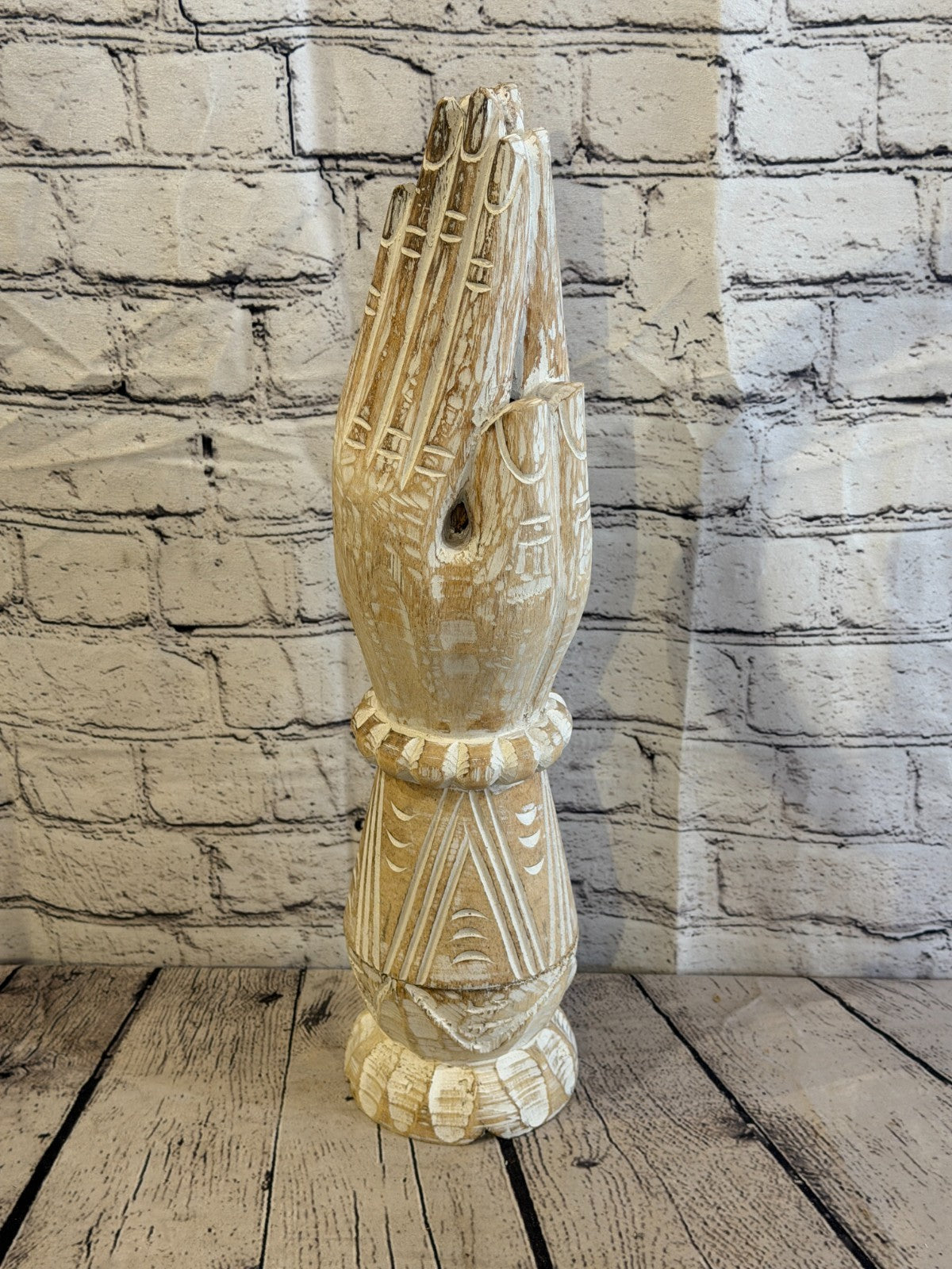 50cm White Wooden Hand Carved Praying Hands Incense Holder Two Parts2