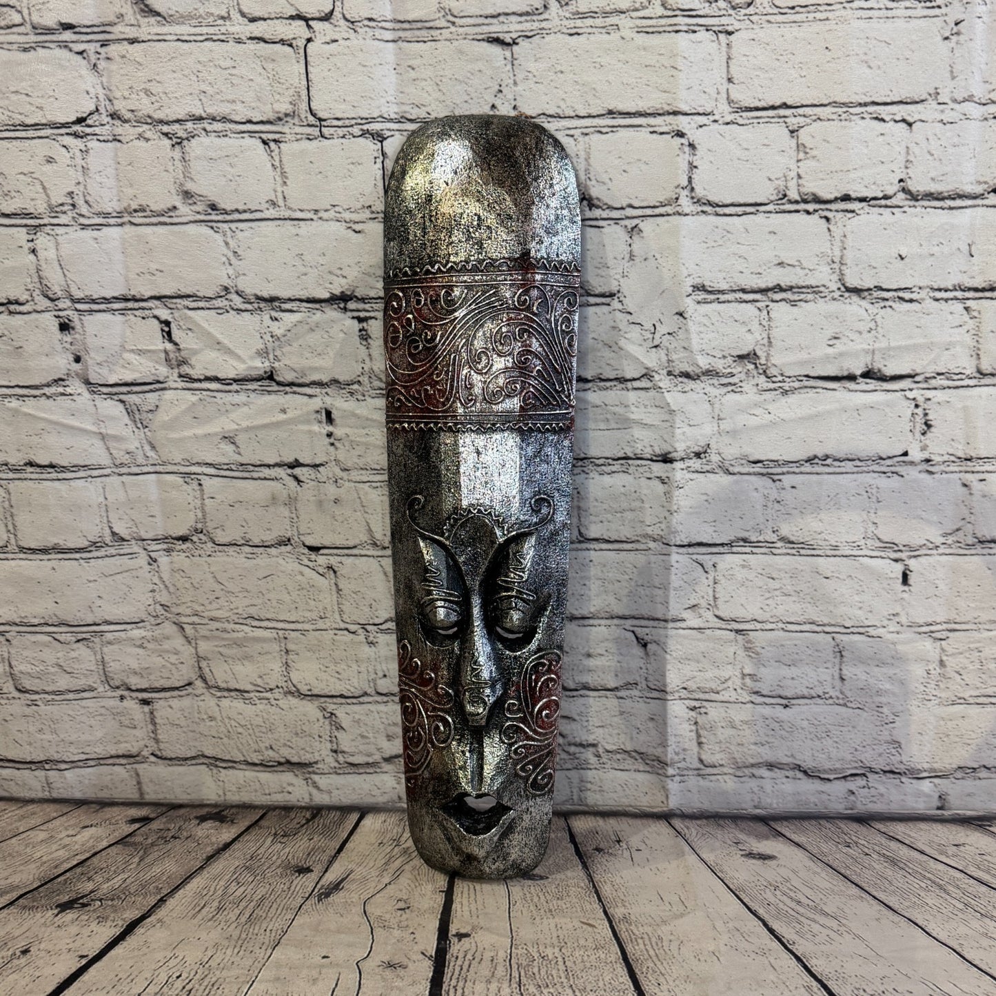 50cm Silver Painted Mask Carved Wooden Brown Work Ethnic Tribal Tiki Wall Art5