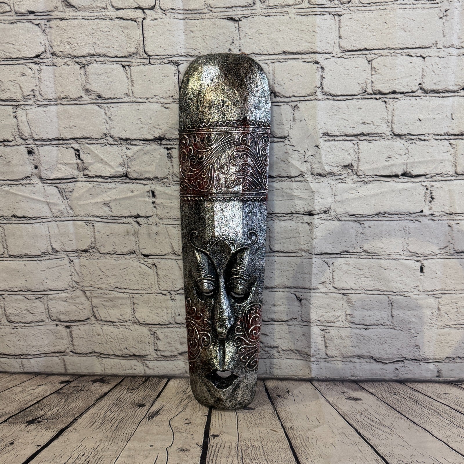 50cm Silver Painted Mask Carved Wooden Brown Work Ethnic Tribal Tiki Wall Art5