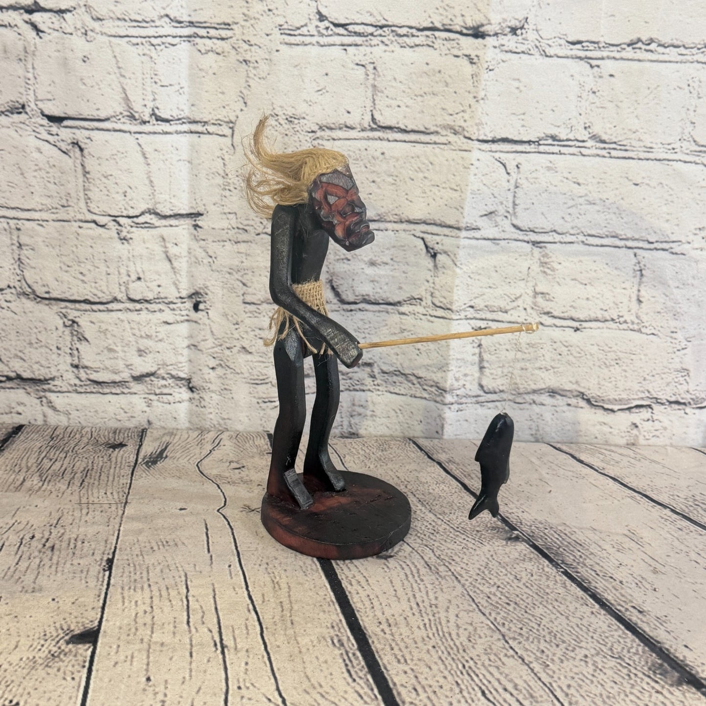 20cm Fisher With Catch African Tribal Warrior Man Figure Statue Wood Hand Carved2