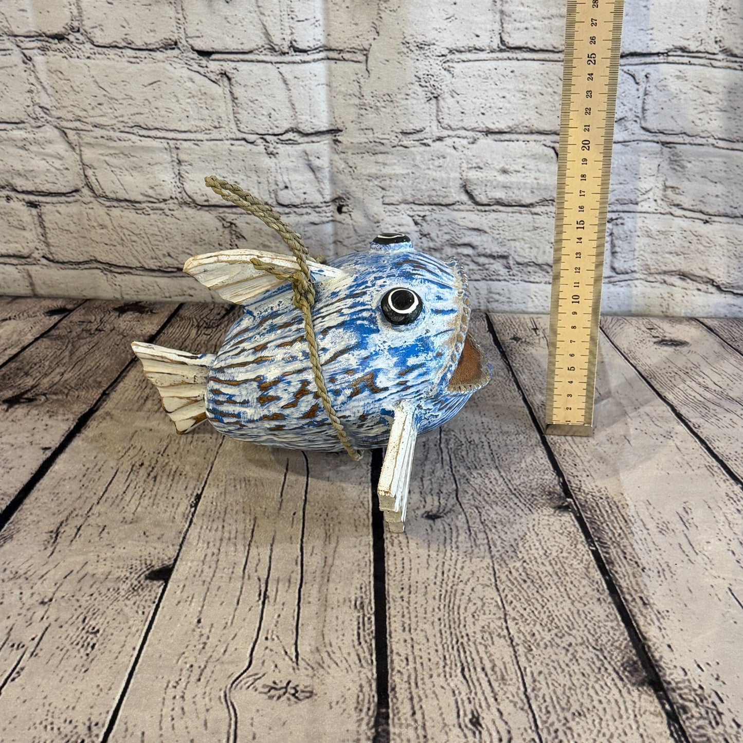 Green Blue Fins Folk Art Painted Shark Fish Coconut Shell Ornaments Hanging5