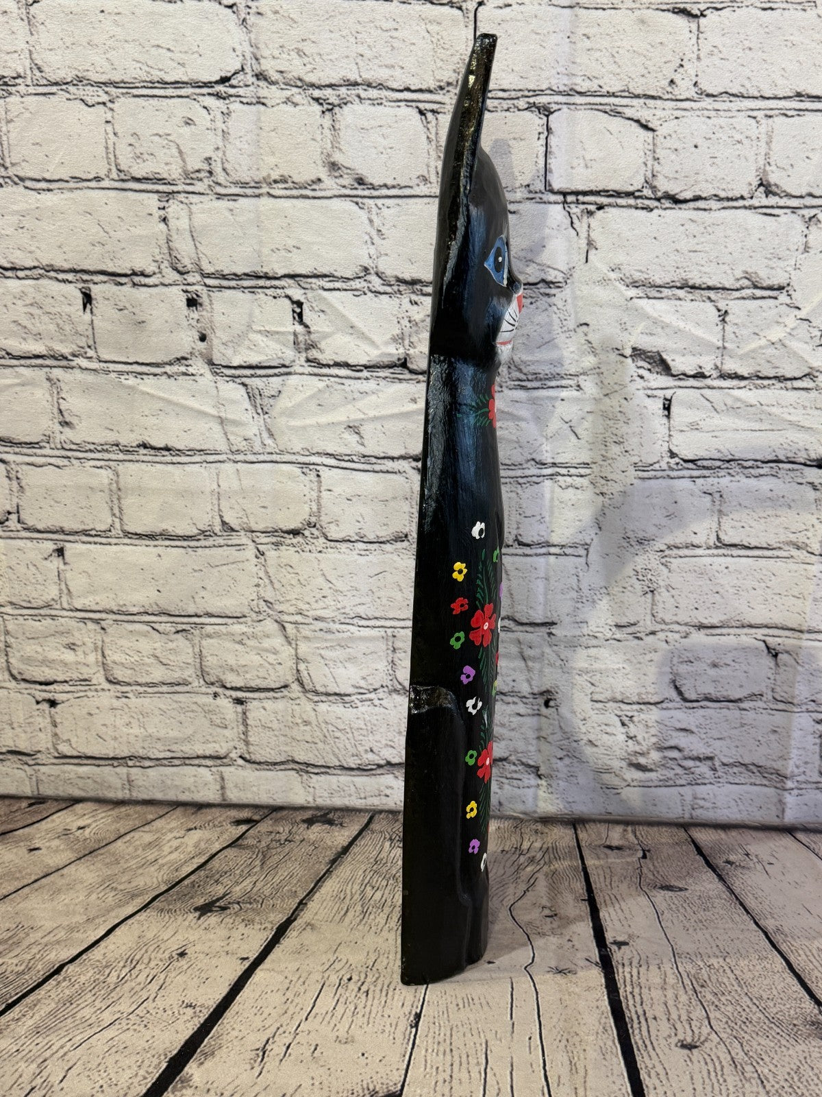 50cm Black Mix Flower Wooden Shabby Cat Statue Ornament Fair Trade Handcarved3