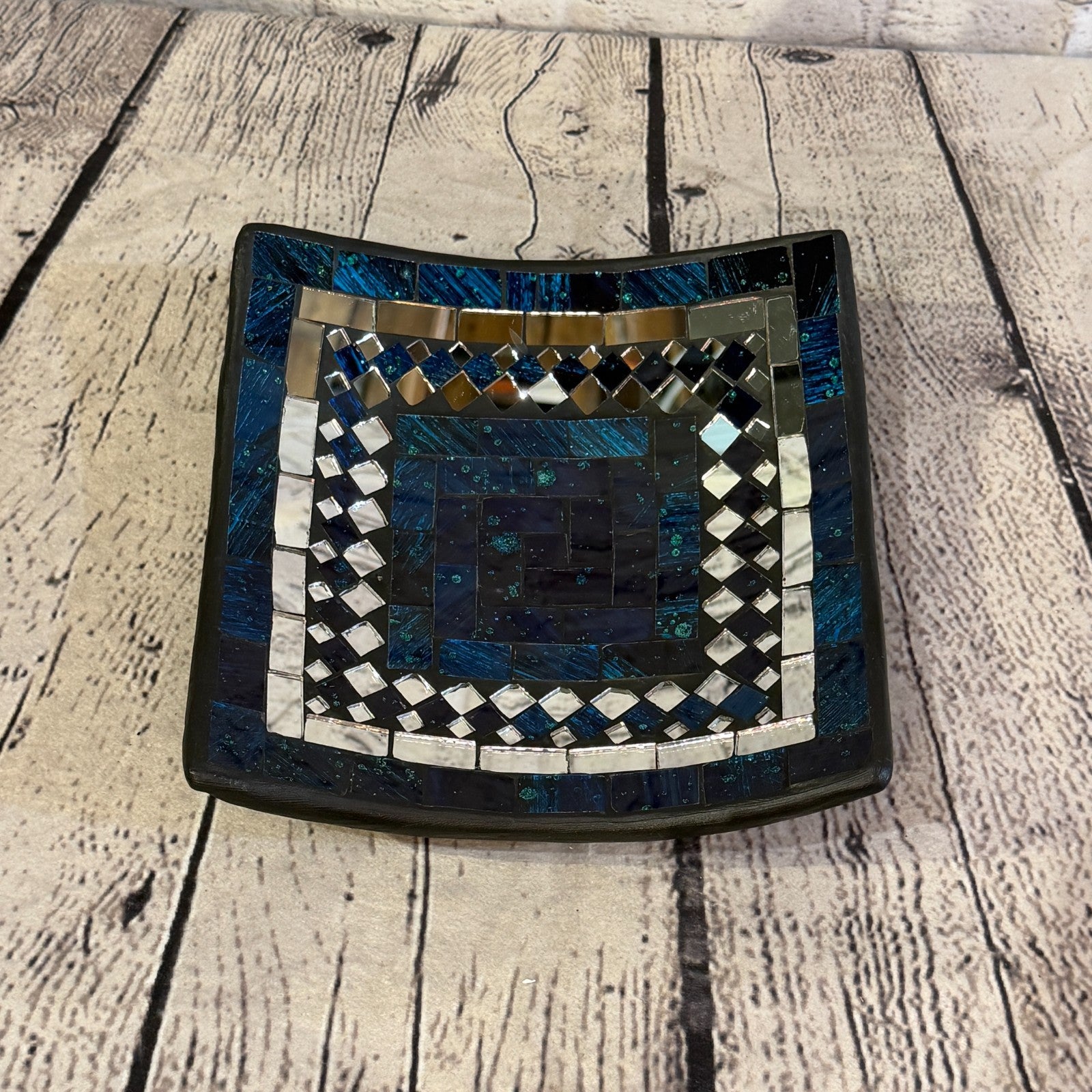 20cm Indigo Blue Square Mirror Mosaic Handmade Ceramic Glass Tile Bowl Fruit0