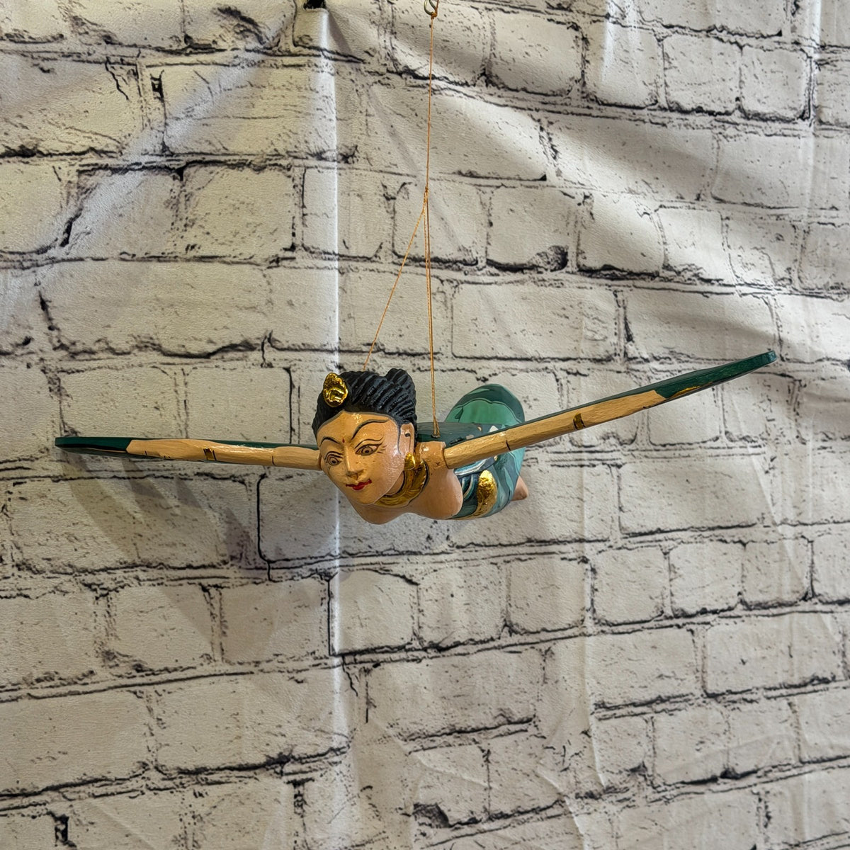 30cm Green Sita Hindu Folk Art Carved Wood Flying Winged Mobile Spirit Guardian1