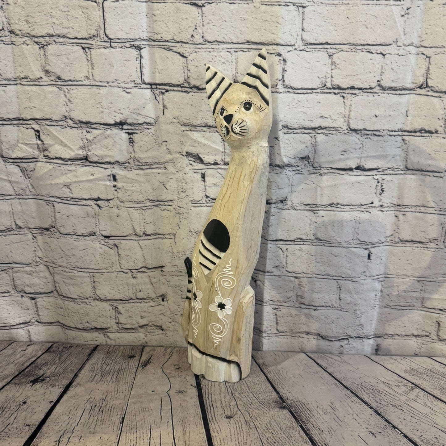 50cm White Flower Wooden Shabby Cat Statue Ornament Fair Trade Handcarved1