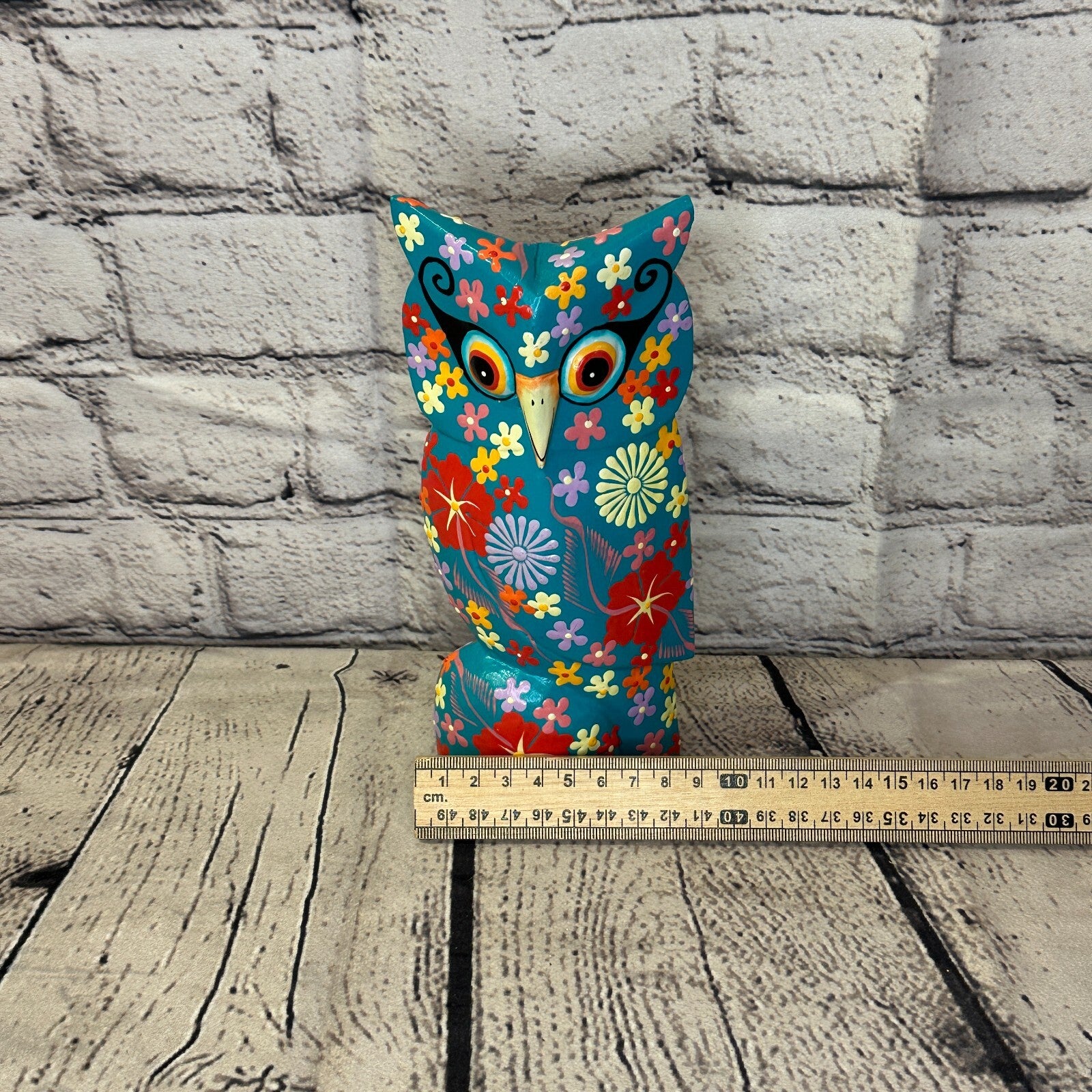 Blue Large Wooden Owl With Flower Pattern 20cm x 8cm Handmade and Fairtrade6