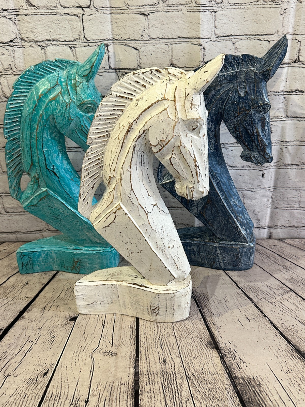 Blue Wooden 30cm x 18cm Horse Head Bust Hand Carved Wood Sculpture10