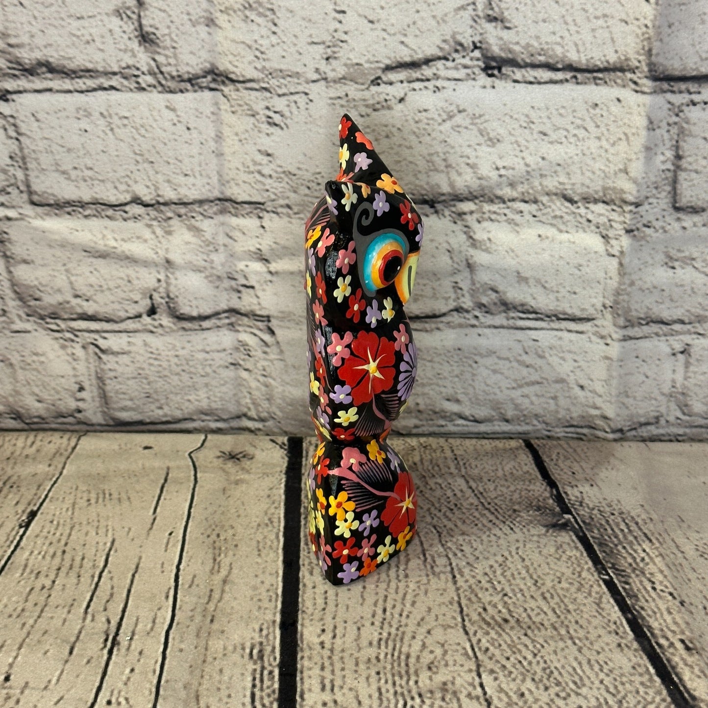 Black Medium Wooden Owl With Flower Pattern 15cm x 8cm Handmade and Fairtrade3