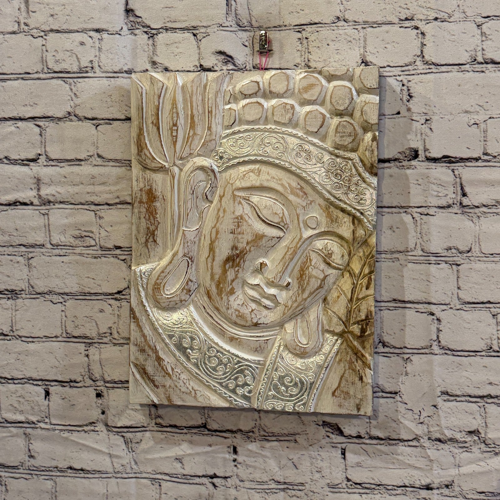 Wooden Wood Panel 40cm Silver Cream Buddha Lotus Wall Art Plaque Handcarved2