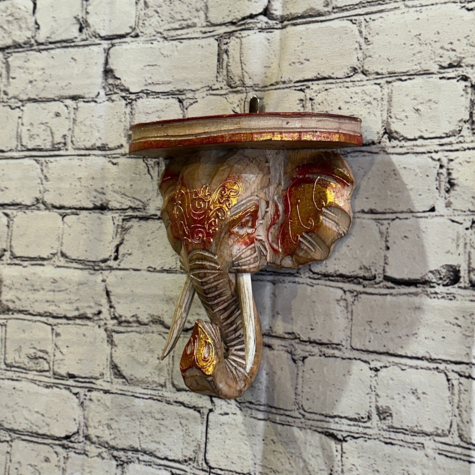 20cm x 20cm Brown Gold Shelf Wood Elephant Head Wall Mounted Art Large Shabby1