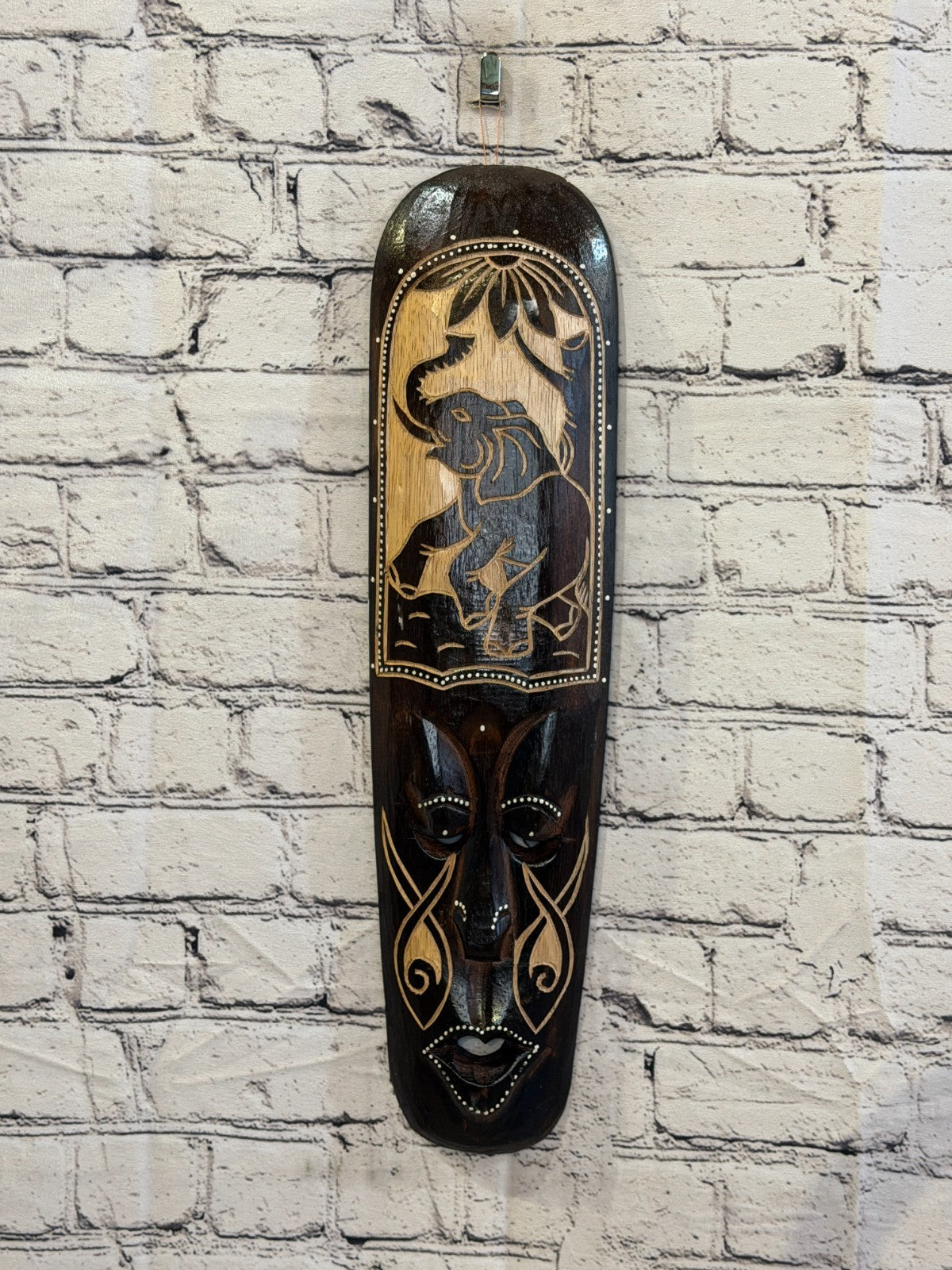50cm Elephant Mask Carved Wooden Brown Work Painted Ethnic Tribal Tiki Wall Art2