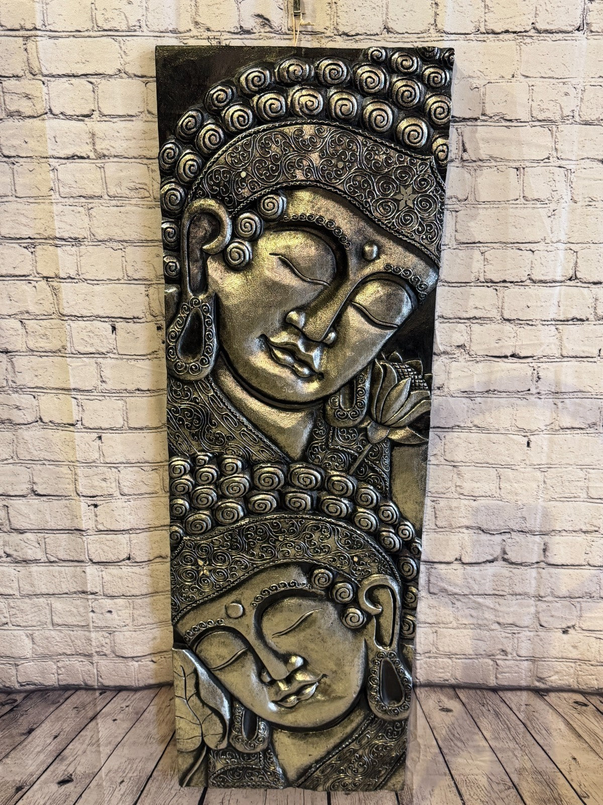 120cm x 40cm Silver Black 2 Buddha Wall Art Plaque Handcarved Wooden Wood Panel0