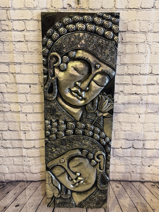 120cm x 40cm Silver Black 2 Buddha Wall Art Plaque Handcarved Wooden Wood Panel0