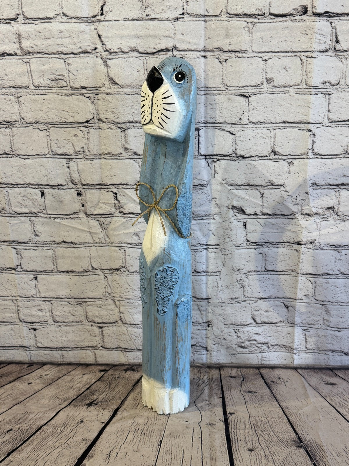60cm Light Blue Wooden Shabby Dog Statue Ornament Fair Trade Handcarved0