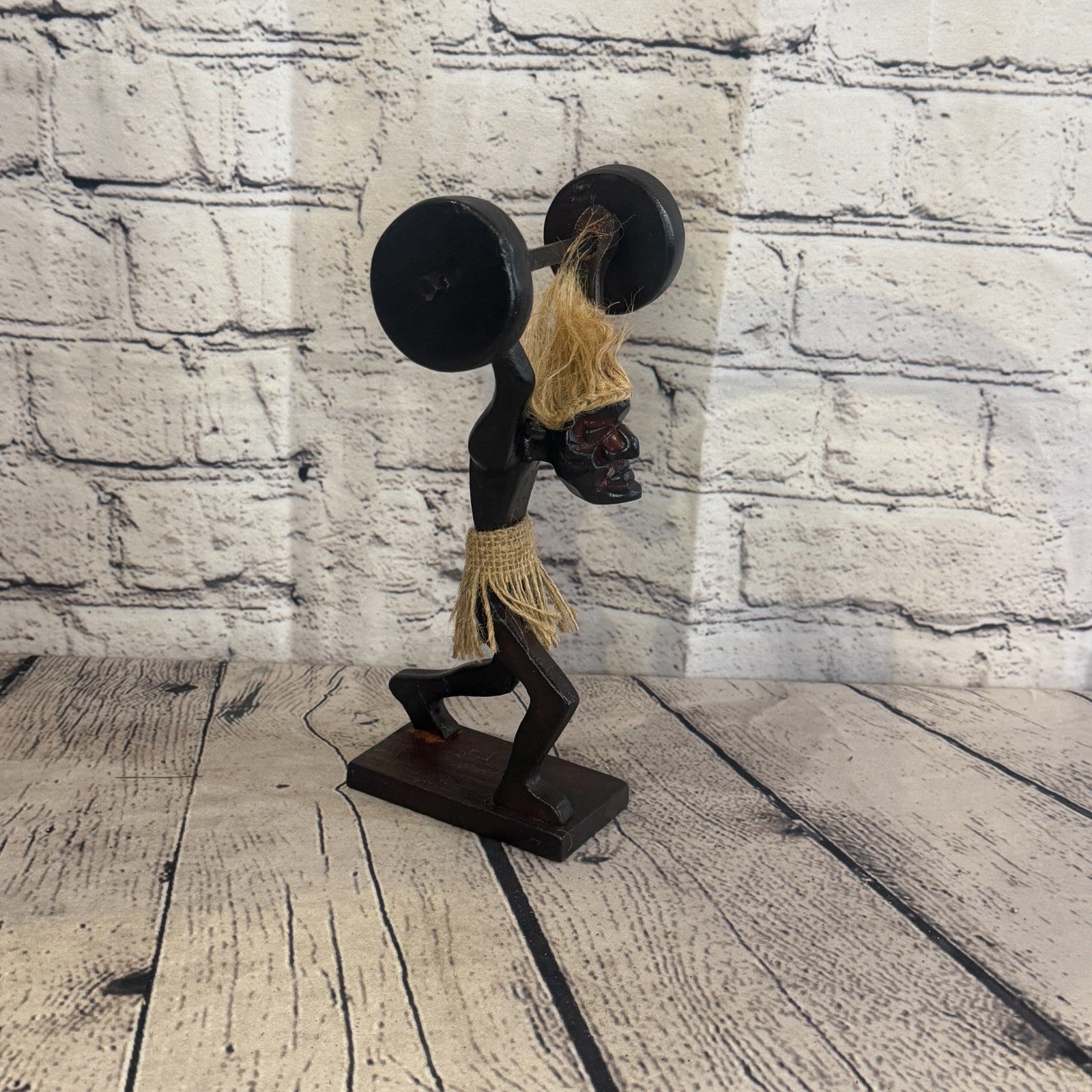 20cm Weight Lifting African Tribal Warrior Man Figure Statue Wood Hand Carved2