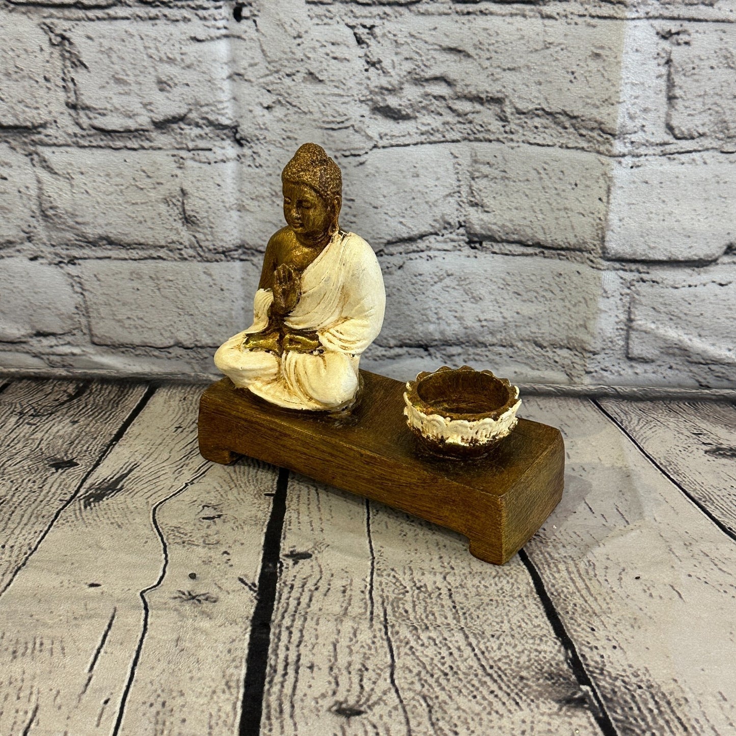 White & Bronze 15cm x 15cm Thai Buddha Tea Light Holder Statue Resin Hindu1