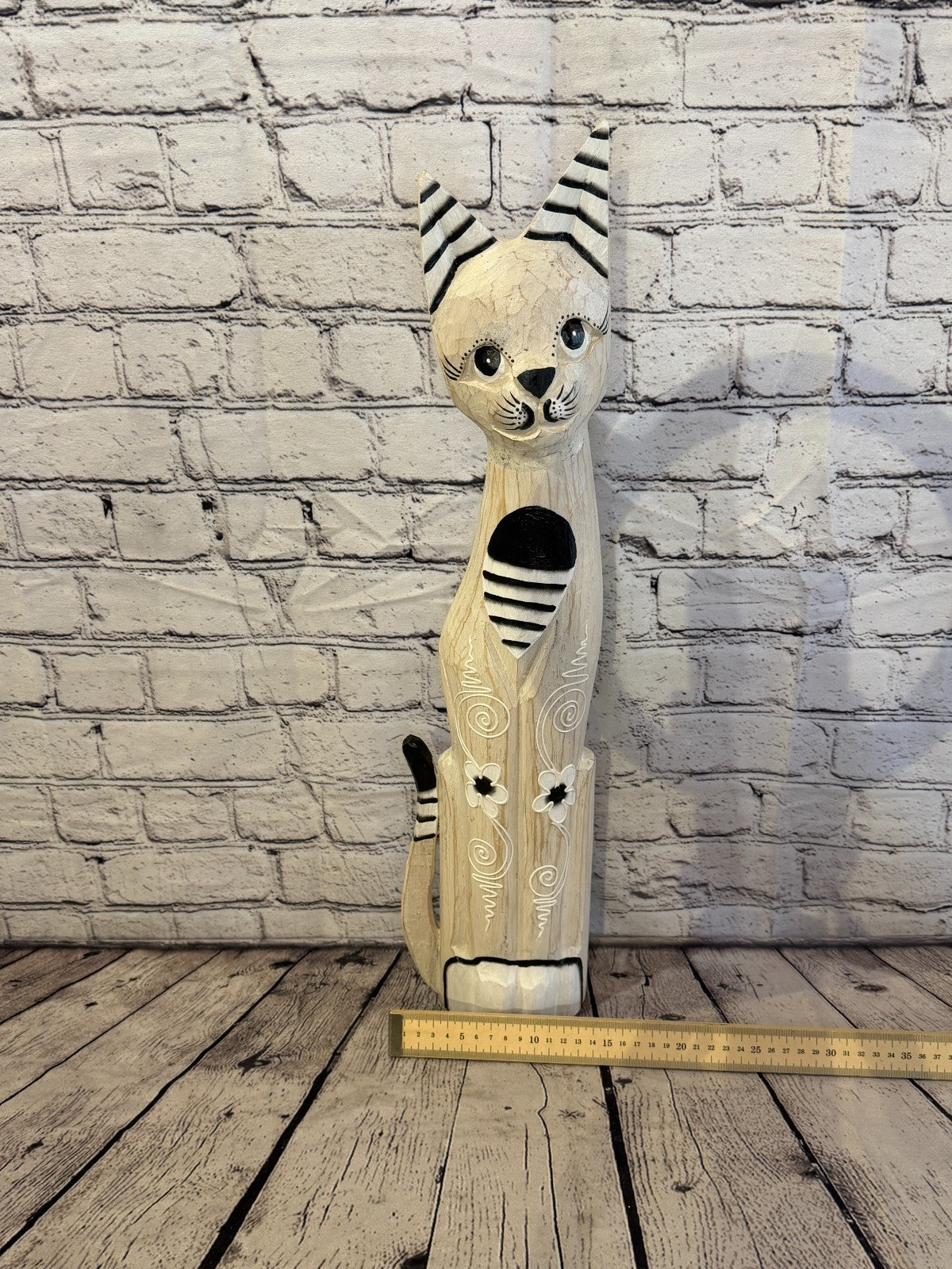 60cm White Flower Wooden Shabby Cat Statue Ornament Fair Trade Handcarved6