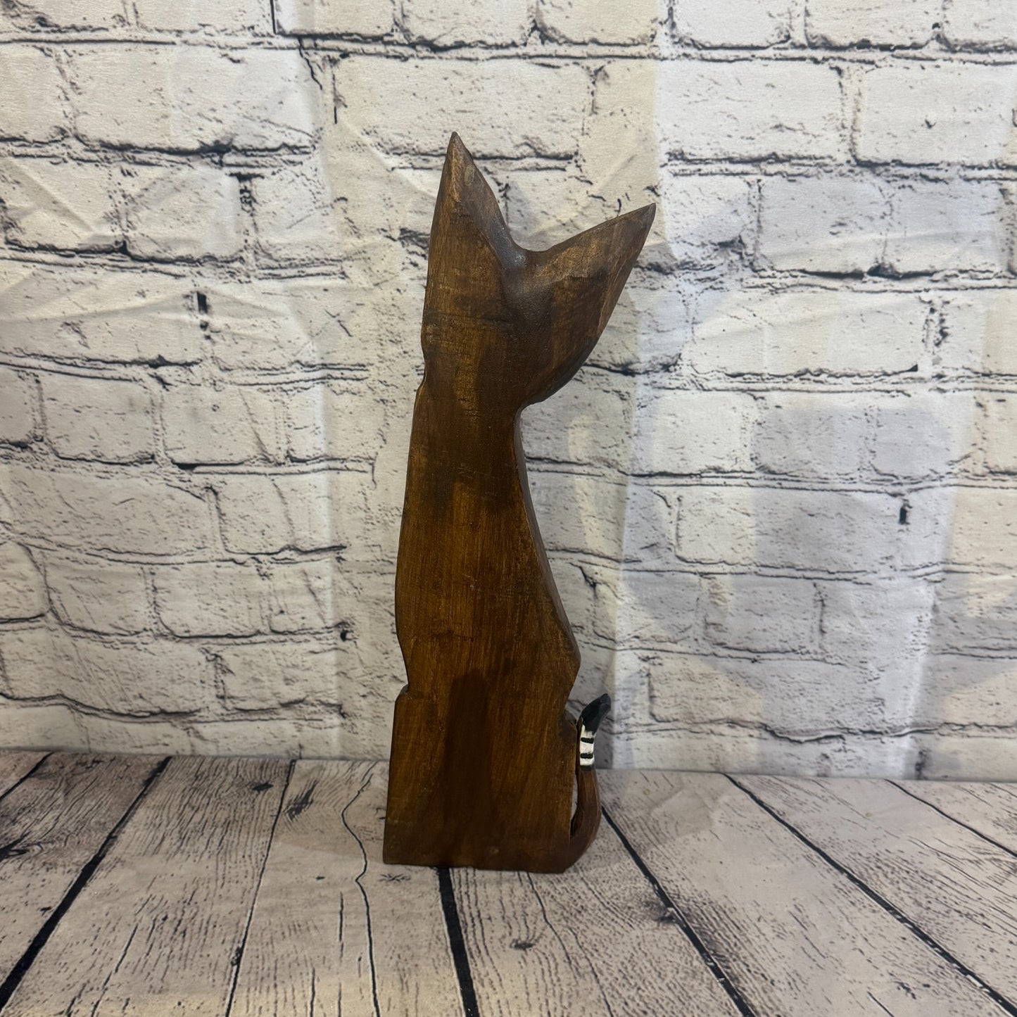 40cm Brown Flower Wooden Shabby Cat Statue Ornament Fair Trade Handcarved4