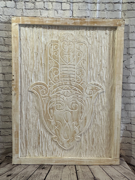 110cm x 80cm Hand Of Fatima Cream Wooden Wood Panel Wall Art Plaque Handcarved