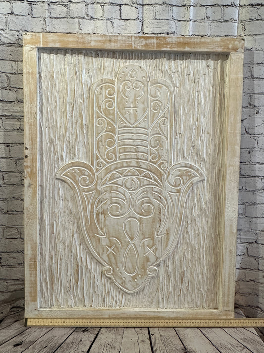 110cm x 80cm Hand Of Fatima Cream Wooden Wood Panel Wall Art Plaque Handcarved