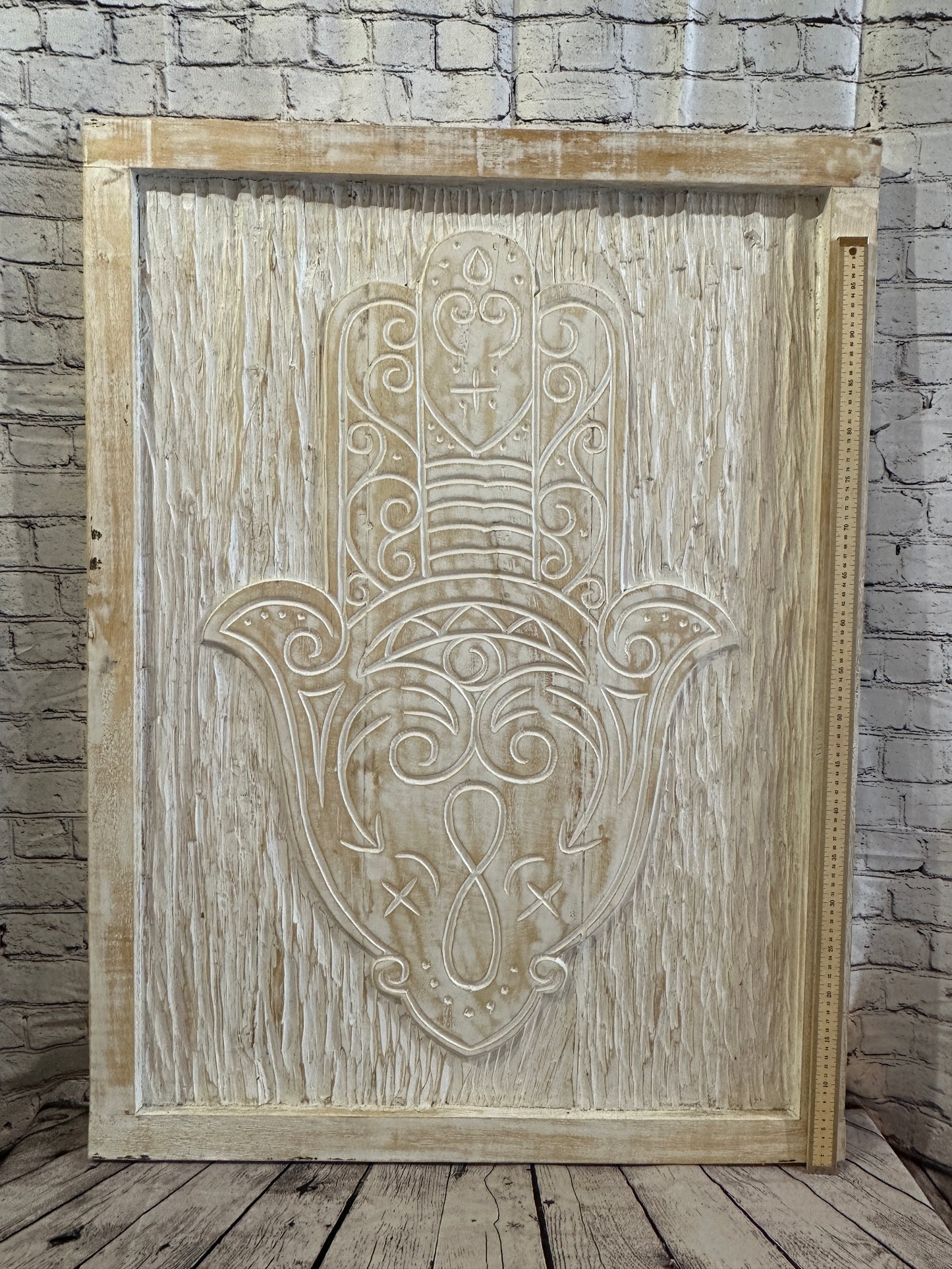110cm x 80cm Hand Of Fatima Cream Wooden Wood Panel Wall Art Plaque Handcarved