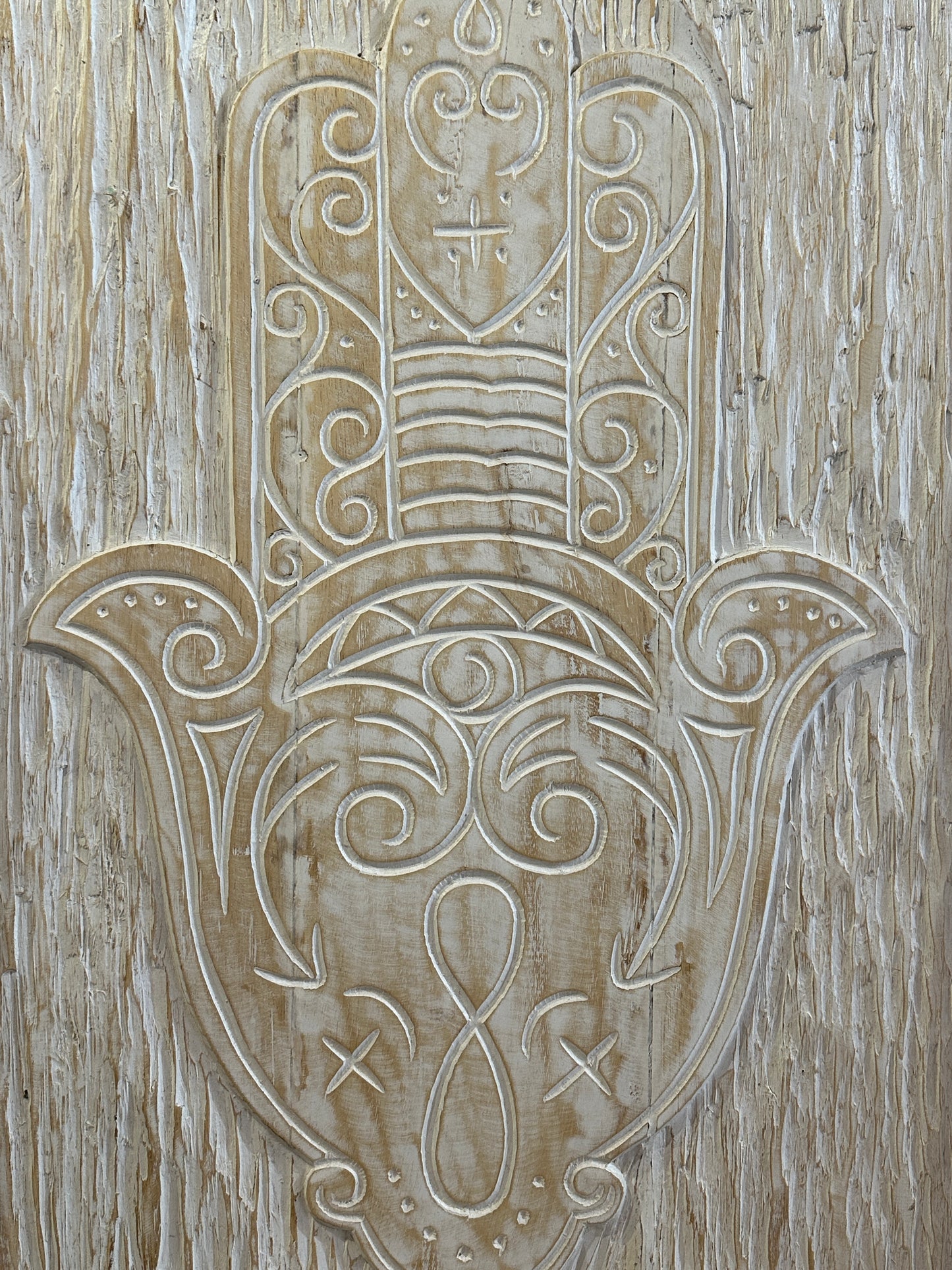 110cm x 80cm Hand Of Fatima Cream Wooden Wood Panel Wall Art Plaque Handcarved