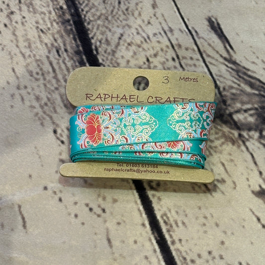 Satin Turquoise Chinese Pattern 1 Inch Wide Ribbon 3 Meters