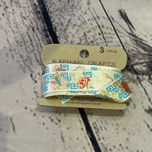 Satin Cream Chinese Pattern 1 Inch Wide Ribbon 3 Meters