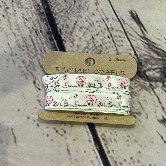 White Sheep Grossgrain Pattern 1/2 Inch Wide Ribbon 3 Meters