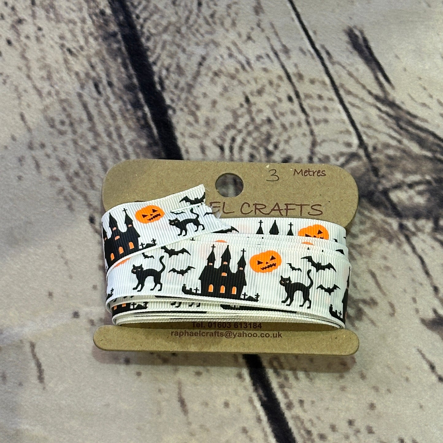 Halloween Castle White Grossgrain Pattern 1 Inch Wide Ribbon 3 Meters