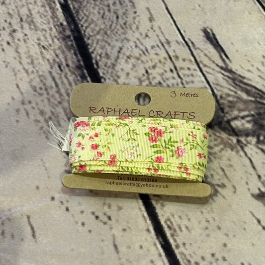 Flower Green Grossgrain Pattern 1 Inch Wide Ribbon 3 Meters