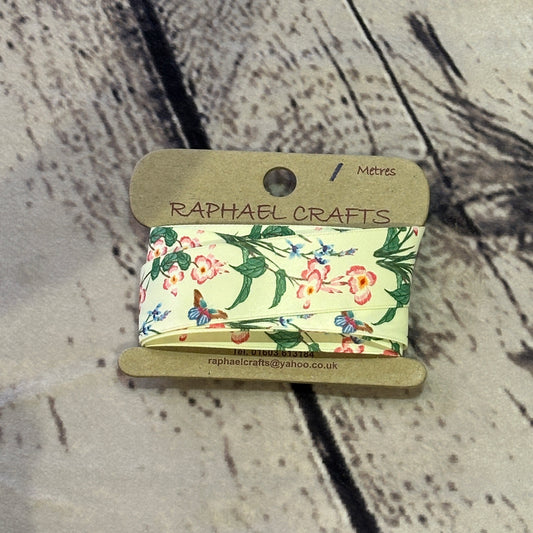 Satin Cream With Flower & Butterfly Pattern 1 Inch Wide Ribbon 3 Meters