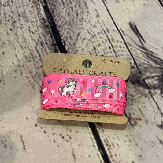 Unicorn Cerise Grossgrain Pattern 1 Inch Wide Ribbon 3 Meters