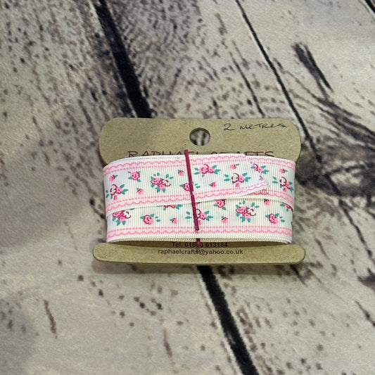 Flower Pink & White Grossgrain Pattern 1 Inch Wide Ribbon 2 Meters