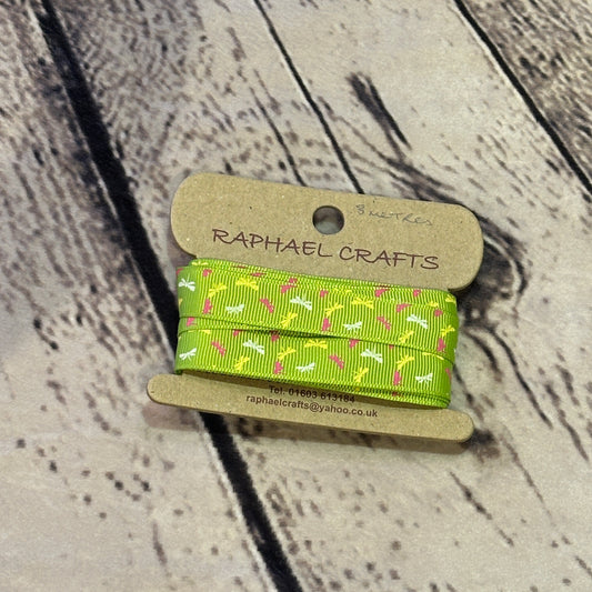 Dragonfly Green Grossgrain Pattern 5/8 Inch Wide Ribbon 3 Meters