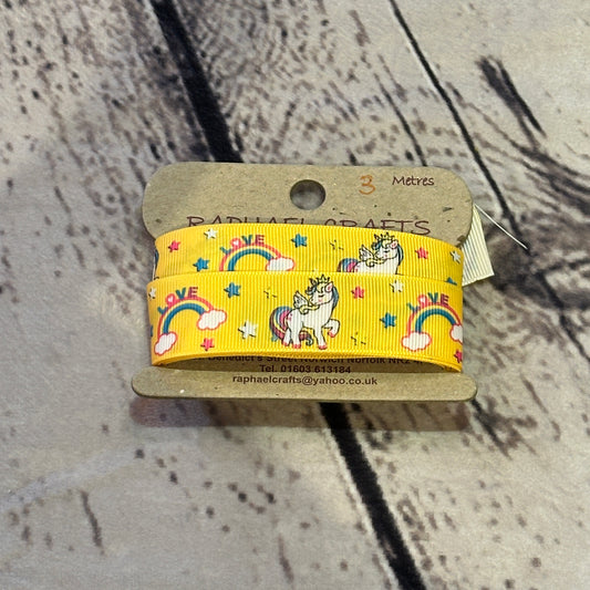 Unicorn Yellow Grossgrain Pattern 1 Inch Wide Ribbon 3 Meters