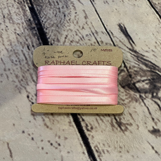 Single Faced Rose Pink Satin Pattern 1/4 Inch Wide Ribbon 10 Meters
