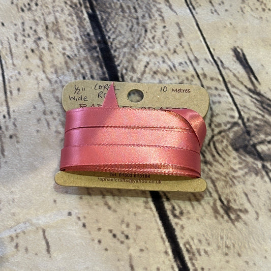 Single Faced Coral Rose Satin Pattern 1/2 Inch Wide Ribbon 10 Meters