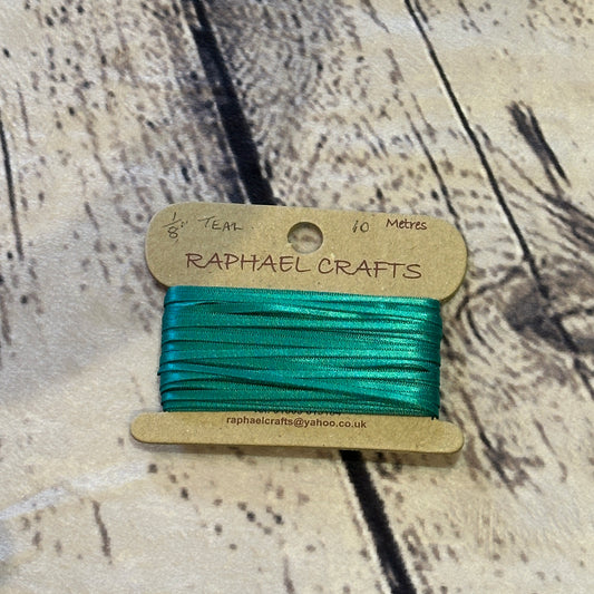 Double Faced Teal Satin Pattern 1/8 Inch Wide Ribbon 10 Meters