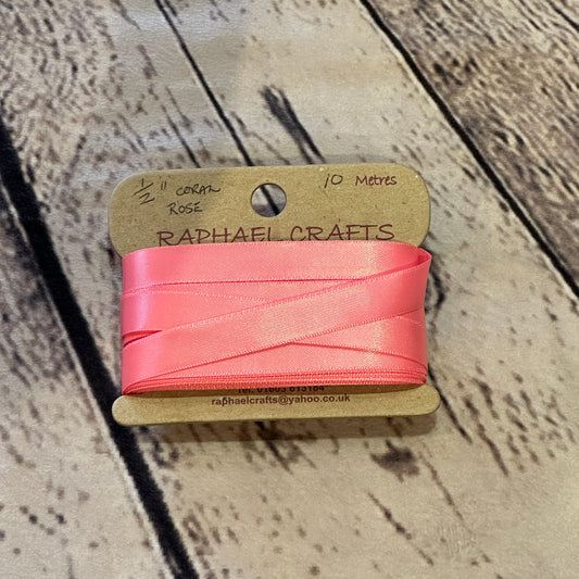 Double Faced Coral Rose Satin Pattern 1/2 Inch Wide Ribbon 10 Meters
