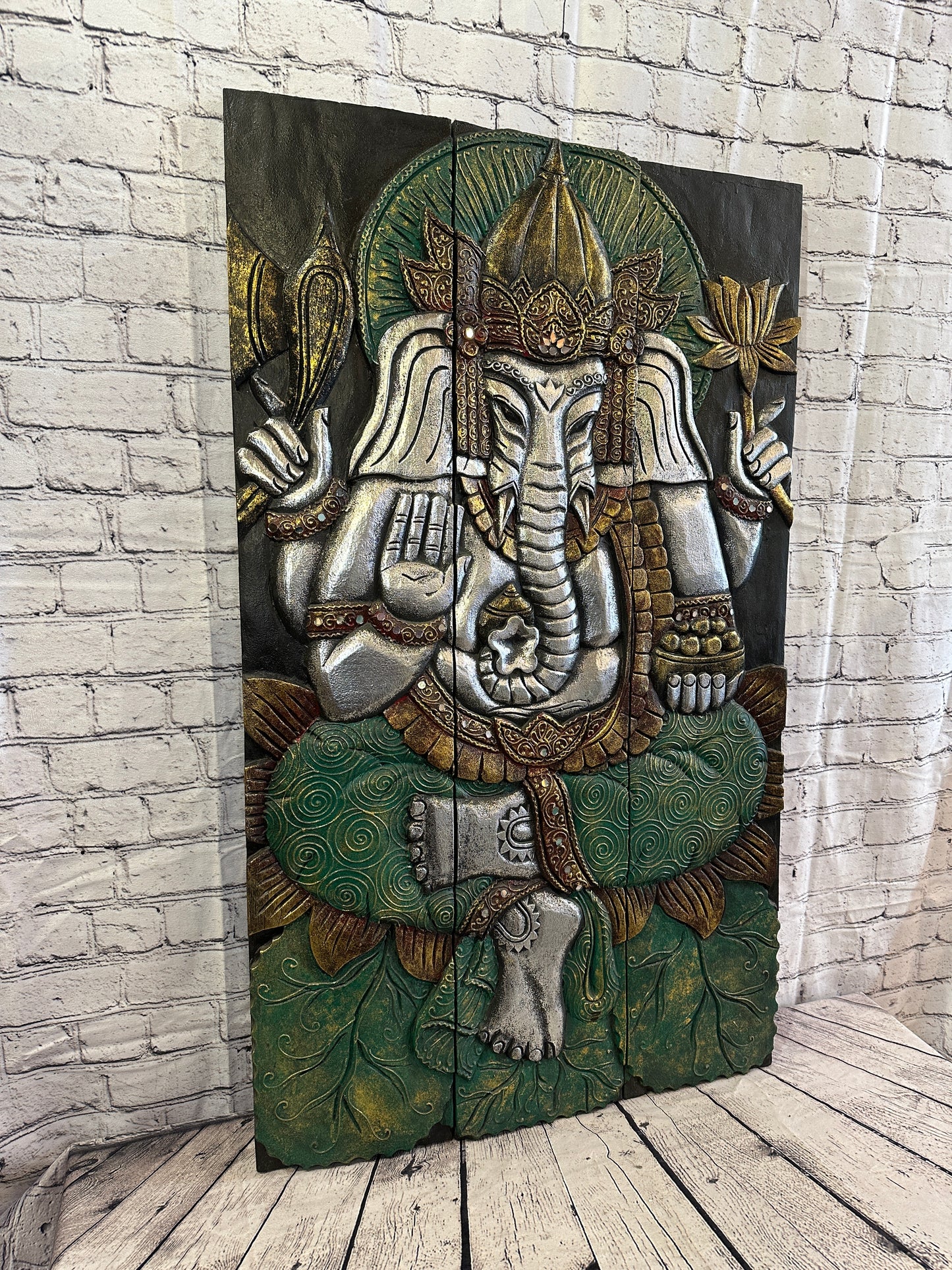 100cm x 60cm Ganesh Colourful Panel Wooden Wood Panel Wall Art Plaque Handcarved