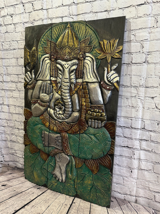 100cm x 60cm Ganesh Colourful Panel Wooden Wood Panel Wall Art Plaque Handcarved