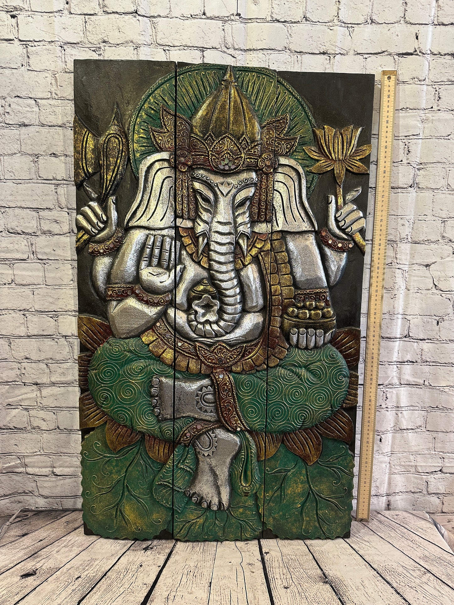 100cm x 60cm Ganesh Colourful Panel Wooden Wood Panel Wall Art Plaque Handcarved