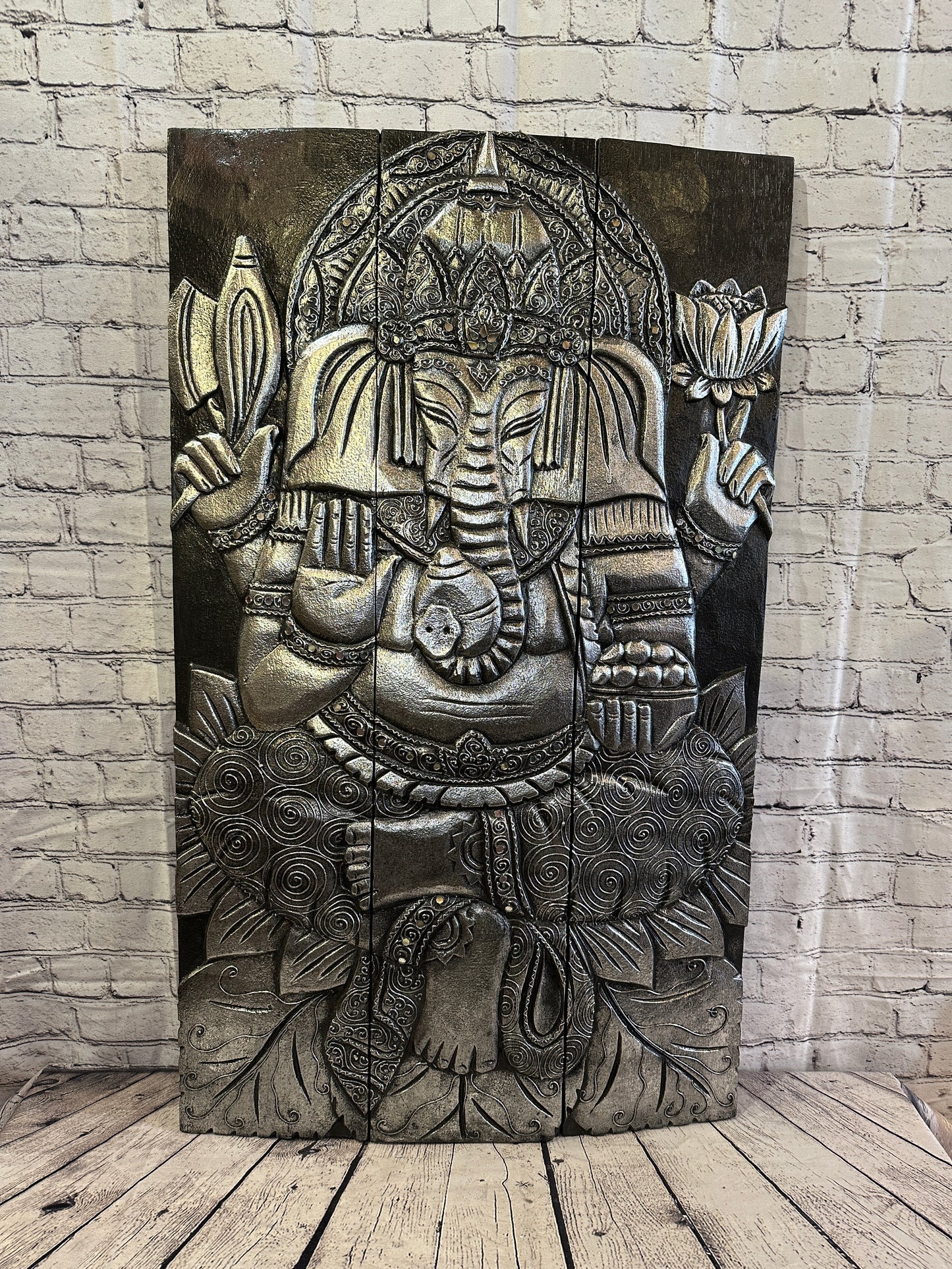 100cm x 60cm Ganesh Silver Panel Wooden Wood Panel Wall Art Plaque Handcarved