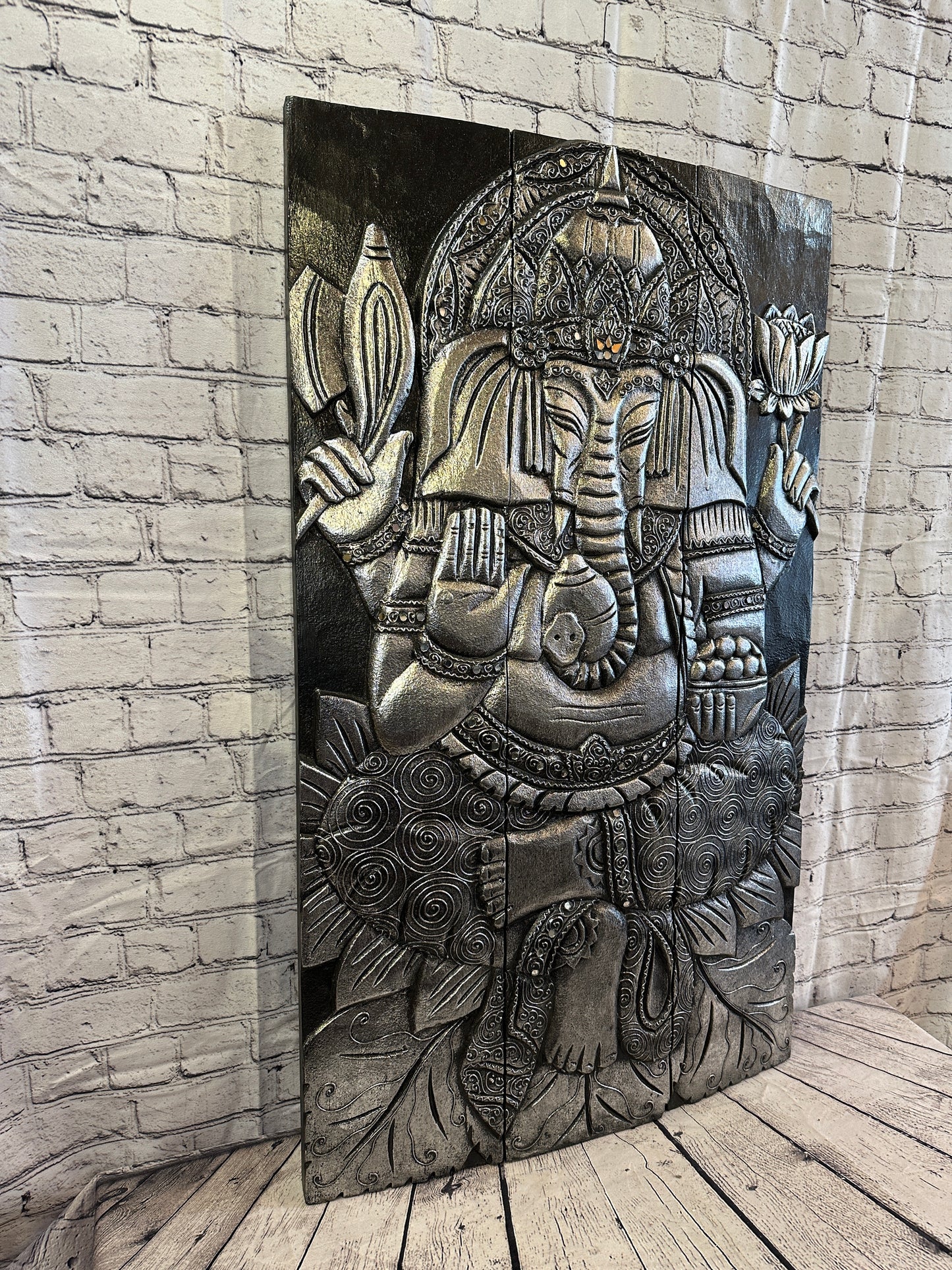 100cm x 60cm Ganesh Silver Panel Wooden Wood Panel Wall Art Plaque Handcarved