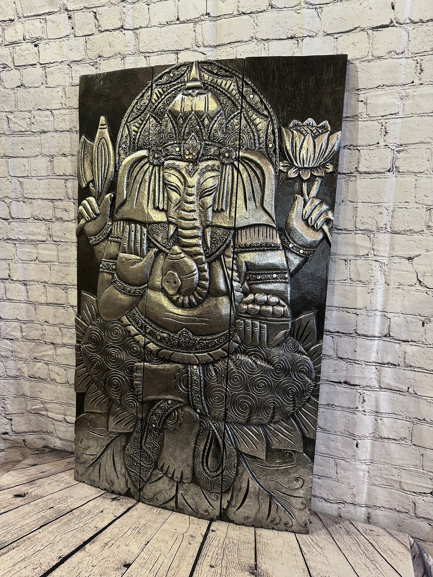100cm x 60cm Ganesh Silver Panel Wooden Wood Panel Wall Art Plaque Handcarved