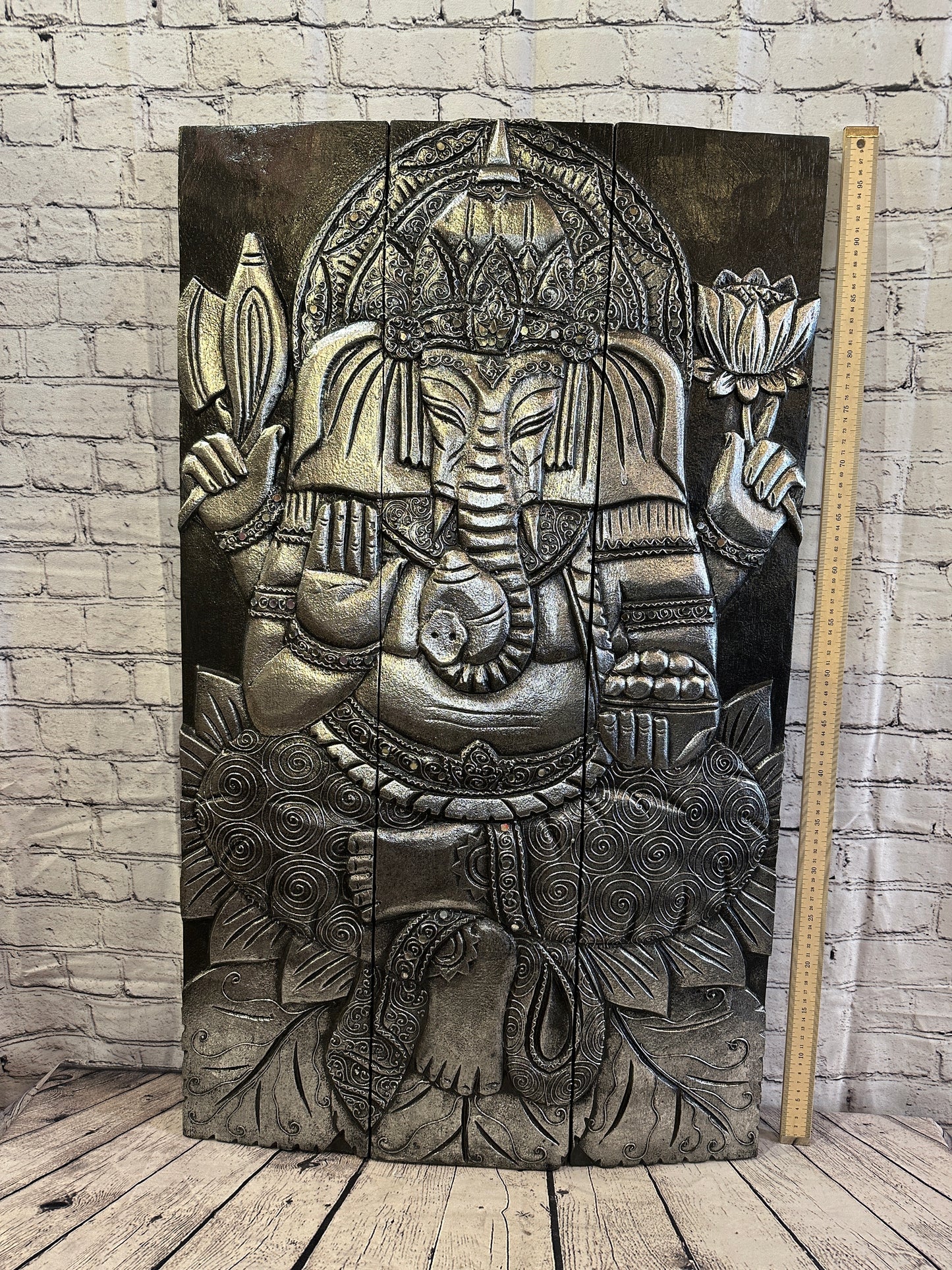 100cm x 60cm Ganesh Silver Panel Wooden Wood Panel Wall Art Plaque Handcarved