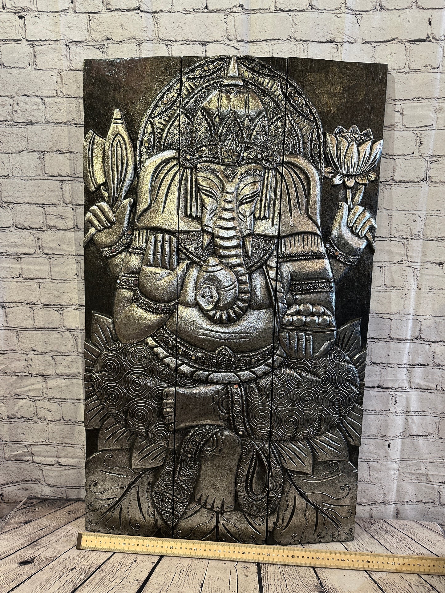 100cm x 60cm Ganesh Silver Panel Wooden Wood Panel Wall Art Plaque Handcarved