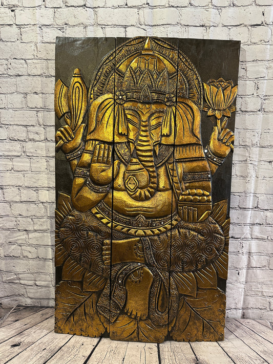100cm x 60cm Ganesha Brown Gold Wooden Wood Panel Wall Art Plaque Handcarved